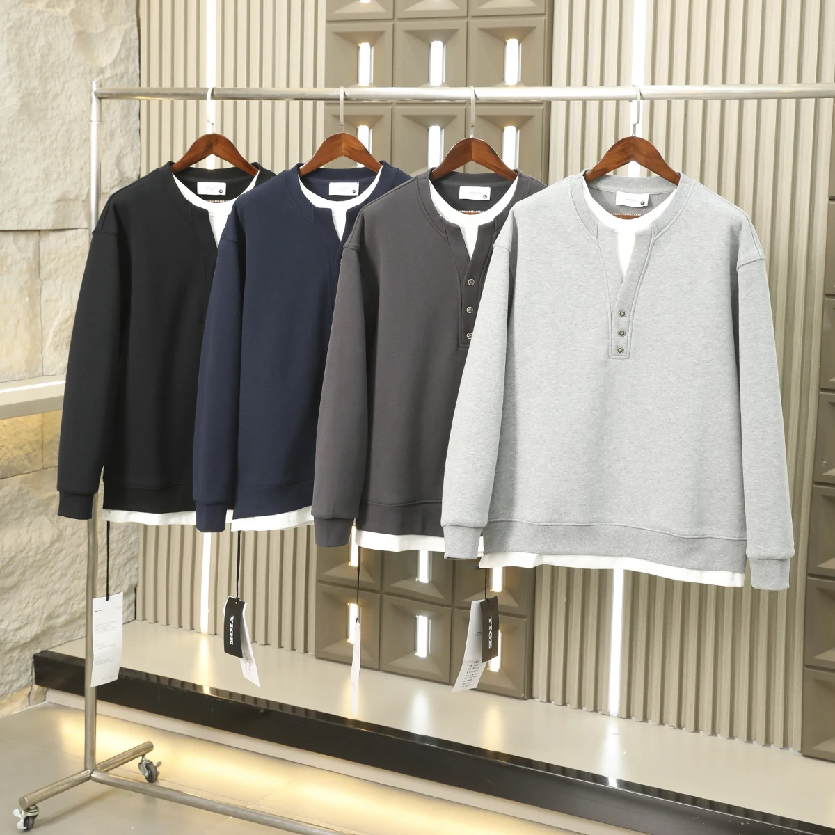 

Утепленный флисовый свитшот в стиле ретро с воротником Генри, зимний, мужской, имитация двухслойности, круглый вырез, повседневный, комфортный, хлопковый, размер M