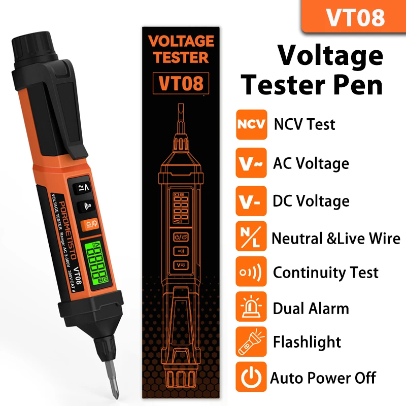 VT08 Digital Voltage Tester with Buzzer Alarm and Flashlight,NCV Neutral &Live Wire Test AC DC Voltage Detect Electrical Pen