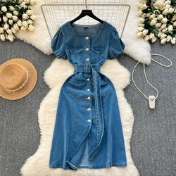 Chic Denim Long Dress Women Square Collar Small Metal Buckle Slim Mid-length Pack Hip Jeans Dresses Vestidos