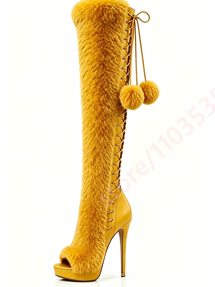 Women Over The Knee Boots Open Toe Platform Stiletto High Heel Pom Pom Decor Back Lace Up Winter Party Club Fashion Dress Boots
