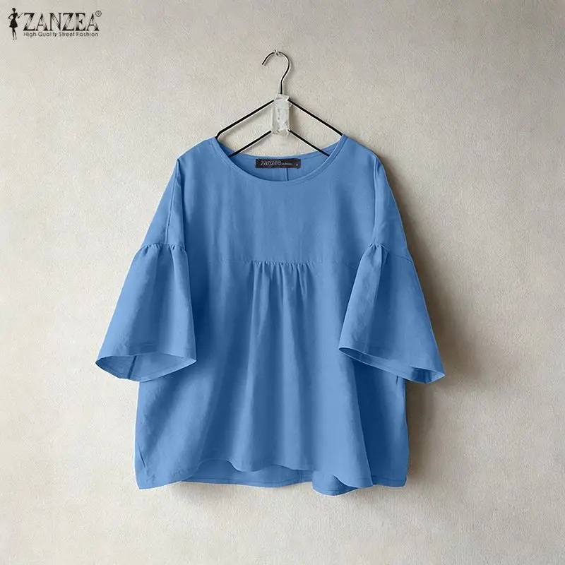 

ZANZEA 2026 Summer Woman Cotton Solid Color Blouses O-Neck Short Sleeve Gathered Breathable Tops Casual Loose Blusas de Mujer