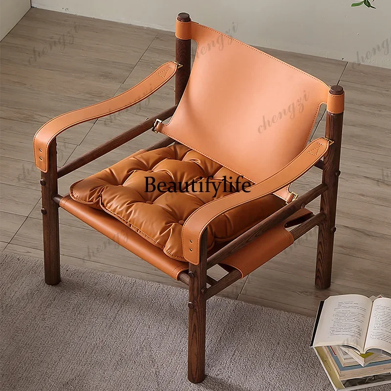 NQ52 Nordic retro saddle leather chair designer printed hunting chair solid wood creative leather single casual sofa chair
