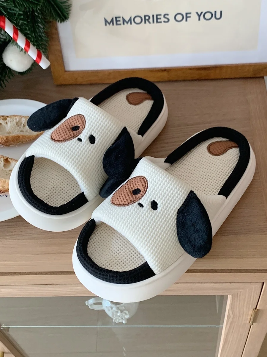 Cartoon Dog Thick Sole Linen Slippers Couples Home Four Seasons Anti Slip Cotton Linen Slippers Women Spring Summer Slipper