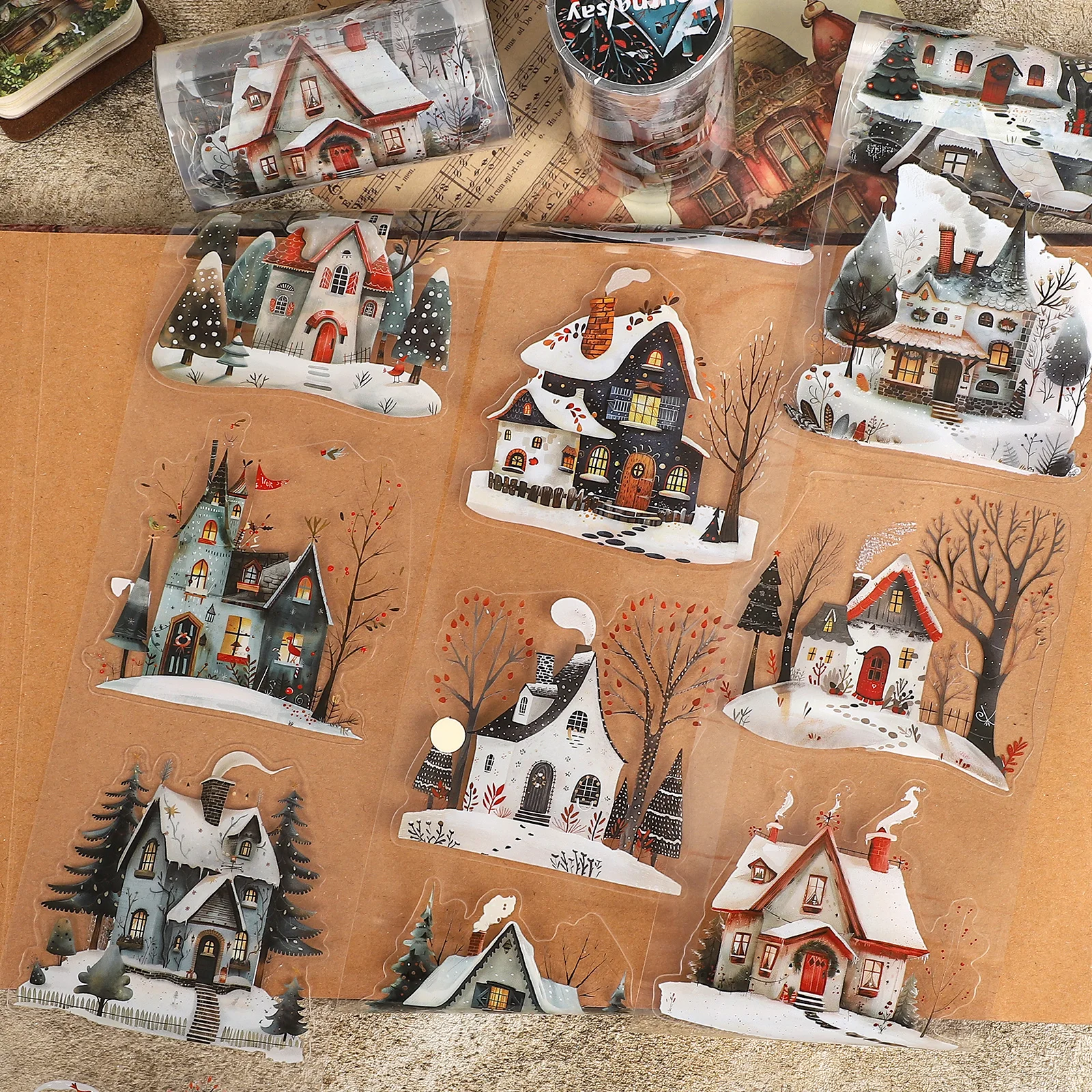 80mm*310cm Vintage Christmas Snow House Landscape PET Tape Creative DIY Journal Material Collage Scrapbook Stationery