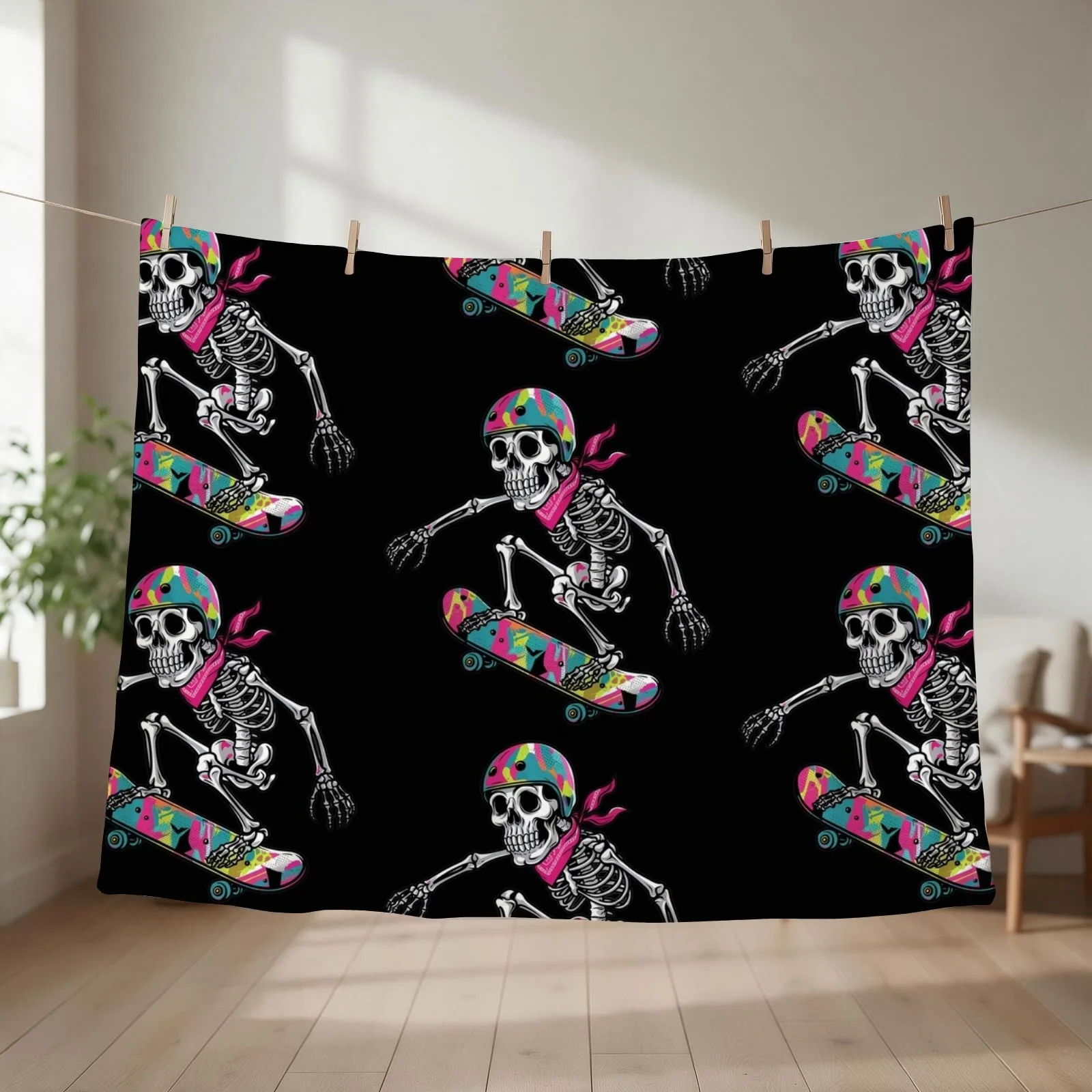 Cool Funny Skeleton Skateboarding Graffiti Art Throw Blanket couch cozy soft plush fuzzy picnic outdoor blanket