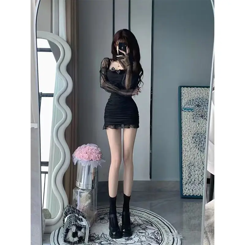 

Black Pure Desire Spice Girl Dress Women's Spring and Autumn Dress 2024 New Sexy Tulle Long Sleeve Slim Princess