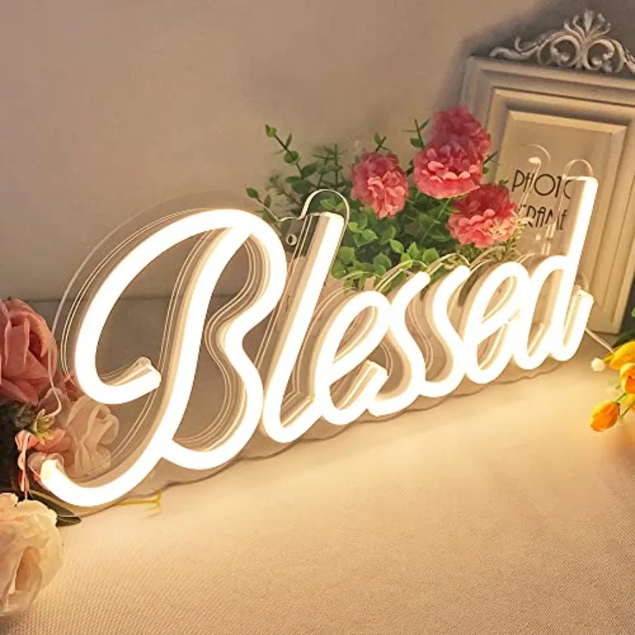 Blessed Neon Signs by 5V USB Powered, Led Light Up Signs for Wall Decor, Bedroom, Office, Warm White Blessed Sign 17x7 Inch Ble