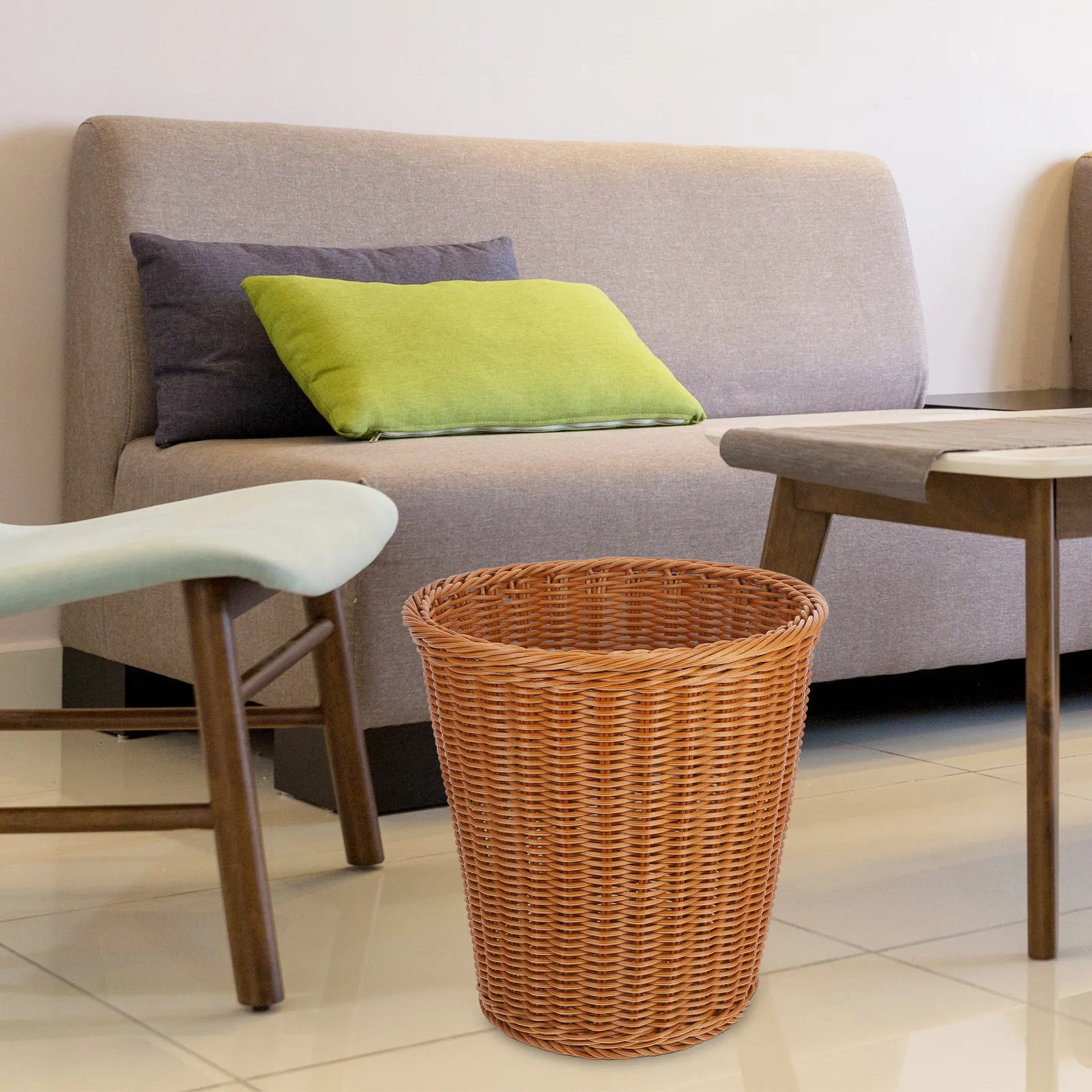 1Pcs False Rattan Trash Can Hand Woven Inspired Design Smooth Edge Rubbish Container for Living Room Bedroom Kitchen Decorative