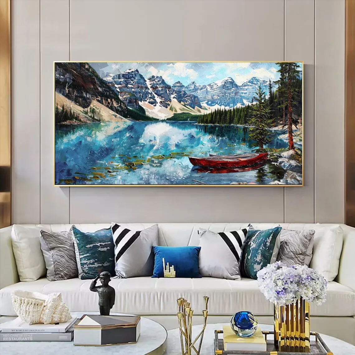 Snow-Capped Mountain Lake Landscape Canvas Print Forest Red Boat Nature Scenery Wall Art No-Frame Painting for Living Room Decor