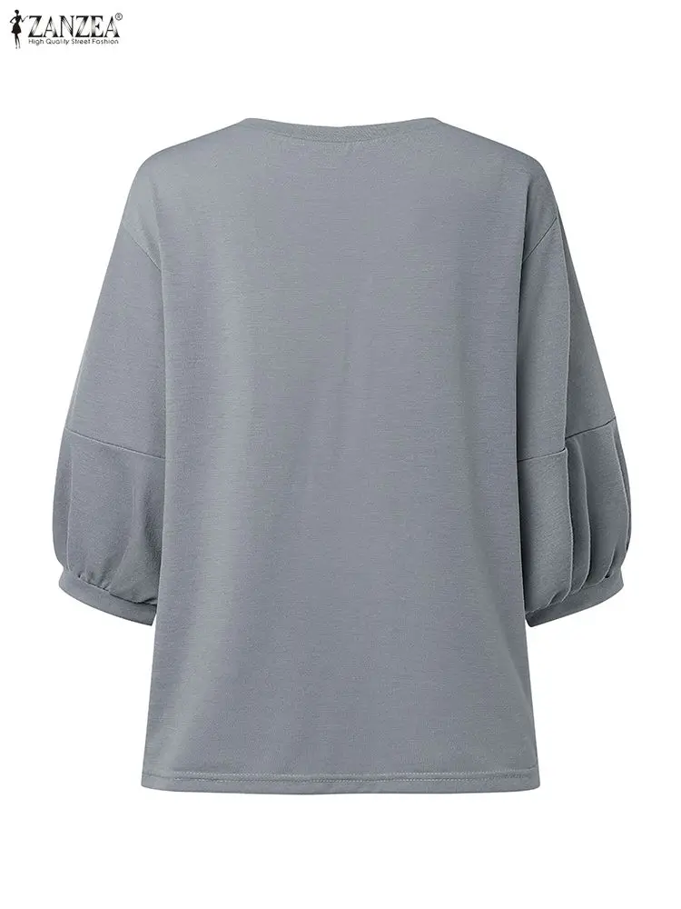 بلوزات خريفية للسيدات من ZANZEA موضة 2025 بلوفرات بأكمام واسعة 3/4 بلوزات كورية غير رسمية بلون سادة بلوزة كبيرة الحجم #2