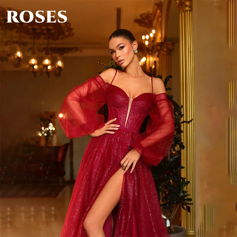 ROSES Glitter Red Prom Dresses Off the Shoulder Full Sleeves Evening Dress Side Split 프롬드레스 Spaghetti Strap Wedding Darty Dress