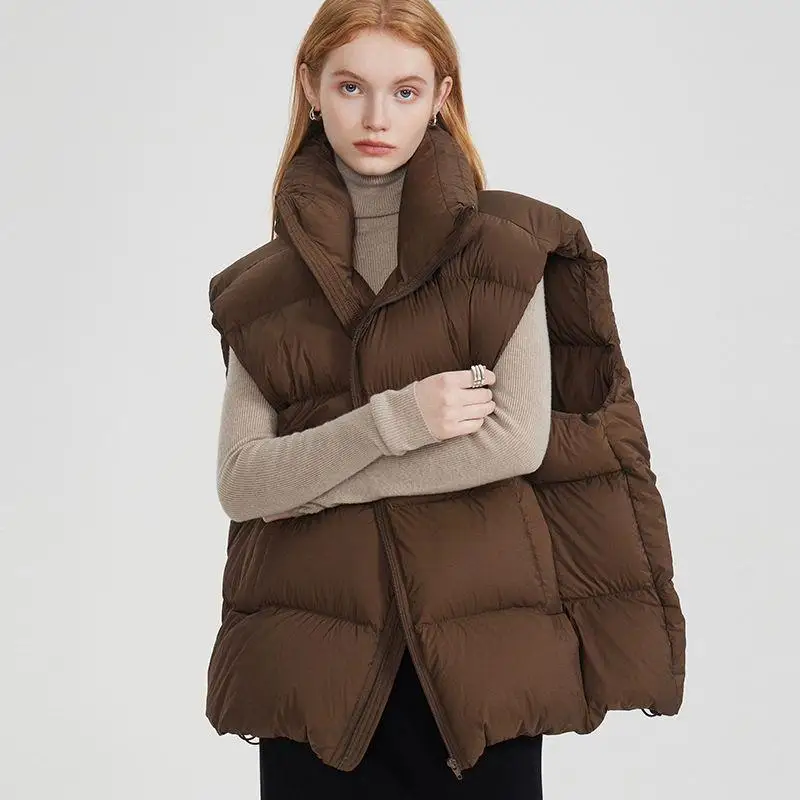 

White Du down Vest Women's Loose Thiened Warm Faionable Svel Trendy Stand Collar Polyester Fiber Zipper Closure