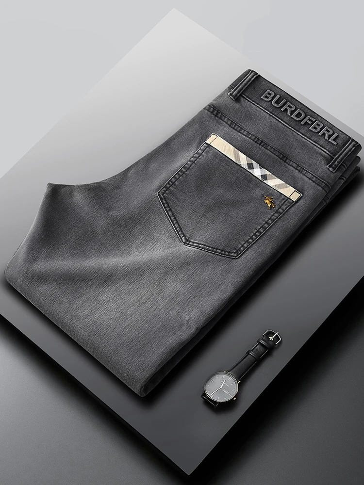 

Summer Thin Waed Elastic Denim Jeans Men's Slim Fit High End European Sle Soft Straight Casual Pants