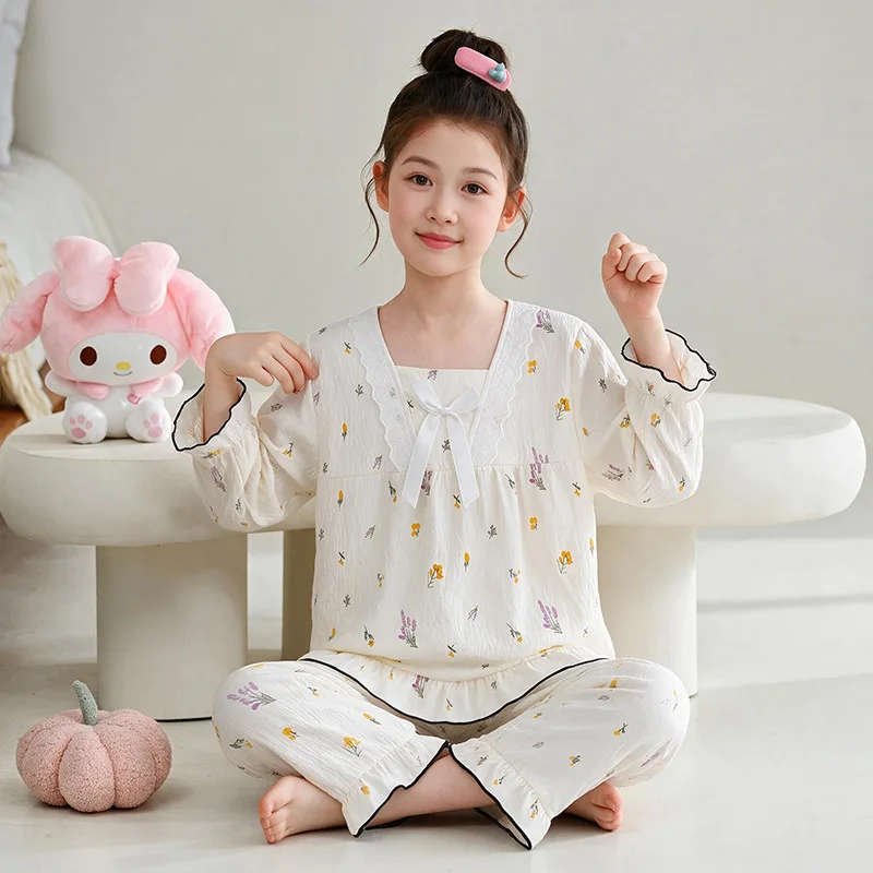 Girls' Autumn Pajamas Set Long-sleeved Trousers Thin Cloud Princess Square Collar School Students Older Children's Suit Homewear