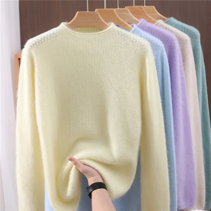 

Autumn And Winter New Mink Cashmere Sweater Women's Curling Round Collar Slim Hollow Long-Sleeved Shirt Knitted Bottoming Shirt