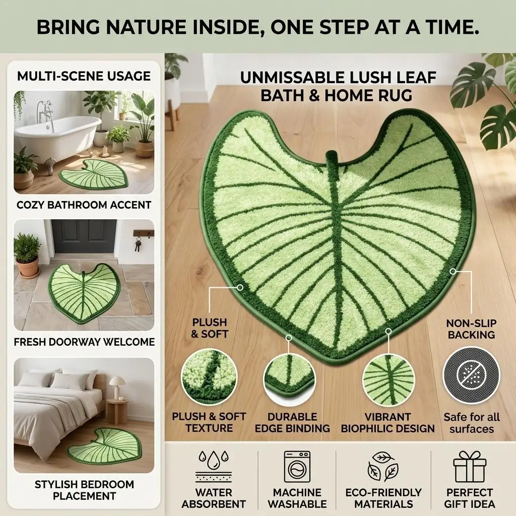 Faux Cashmere Floor Mat Anti-Slip Leaf Shape Pattern Bathroom Floor Mat Thickened Fiber Water Absorbent Non-Slip Bath Mat