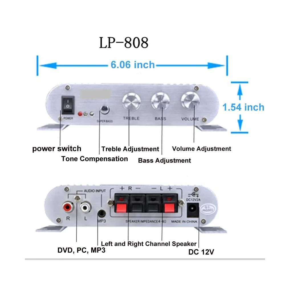 Lepy LP-808 Amplifier HI-FI 2.0ช่องเครื่องขยายเสียงรถยนต์รองรับ RCA อินพุตเสียงแหลม/เบส/สมดุล/การควบคุมระดับเสียงสำหรับ MP3 MP4