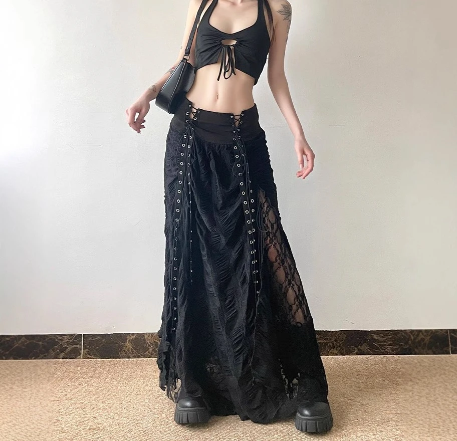 

Dark Style Retro Strap Patchwork Skirt for Women New High Street A-line Skirt Mid Length Skirt