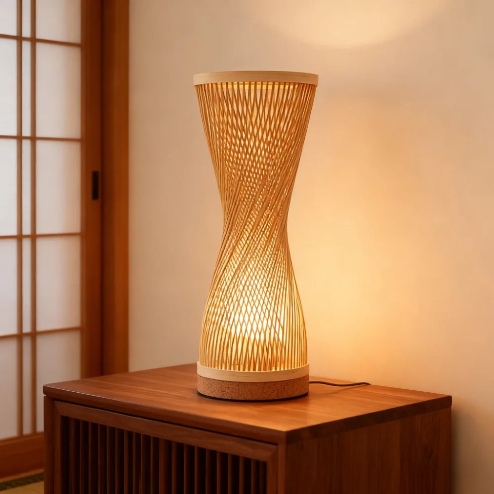 Lampa stołowa w stylu japońskim JOYINLED, bambusowa, 15x35 cm, ręcznie pleciona z rattanu, z włącznikiem/wyłącznikiem, do sypialni, gabinetu, żarówka LED E27