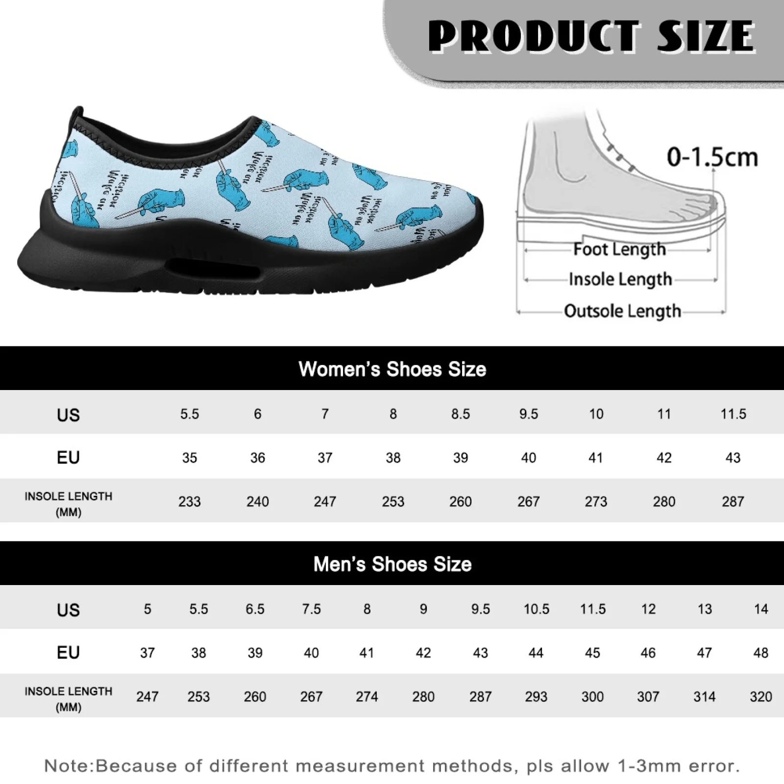 PENSTROLL Casual Slip on Flats with Medical Glove Pattern, Non Slip Round Toe Low Top Sneakers for Walking and Travel Men