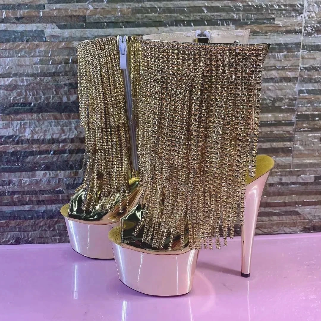 

7in heels, stylish 17cm electroplated stilettos, fringed sequins, club pole dancing ankle boots