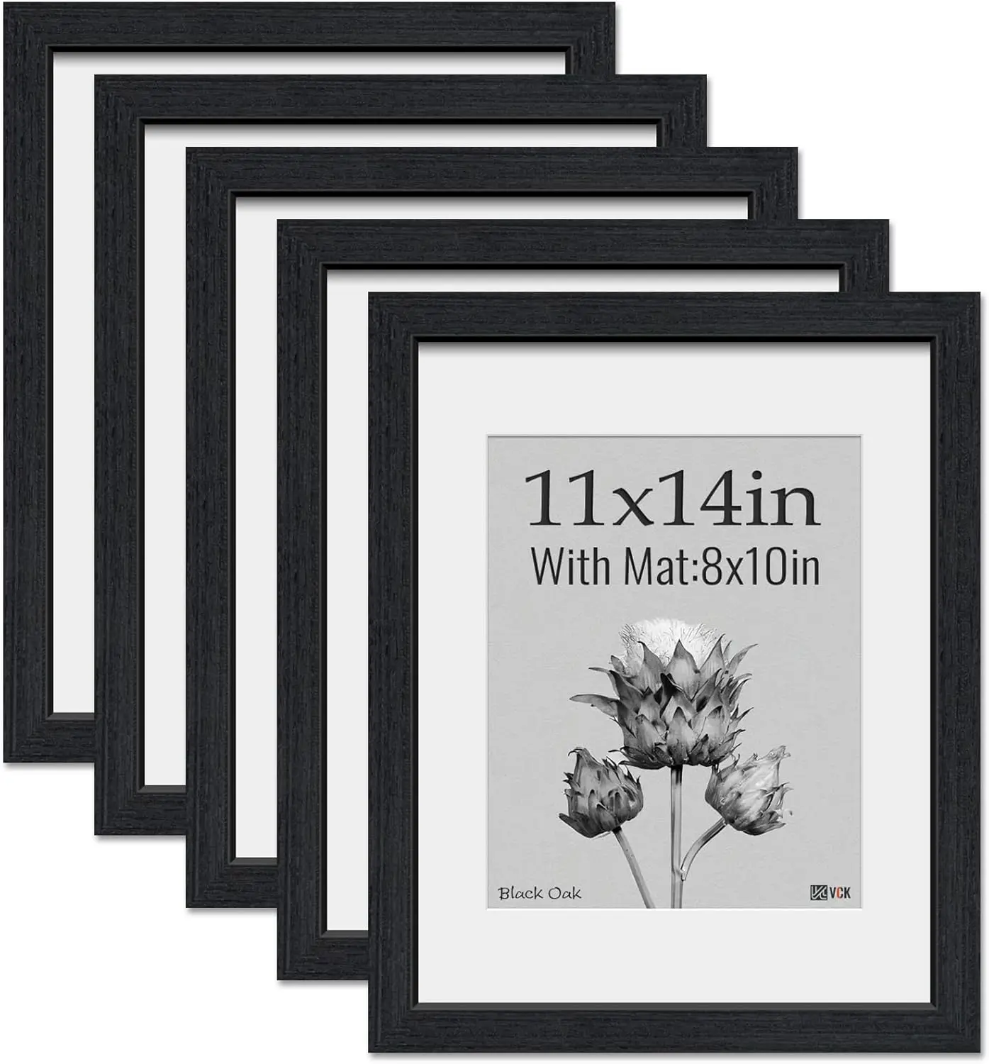 

11x14 Picture Frame 5 pk, Natural Wood Grain Black Oak & HD Glass, Display 8x10 Photos with Mat or 11x14 without Mat, Wall