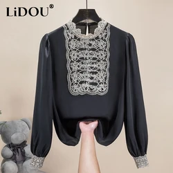 Spring Autumn Round Neck Embroidered Chiffon Blouses Patchwork Long Sleeve Bottoming Shirt Women Fashion Casual Female Clothes