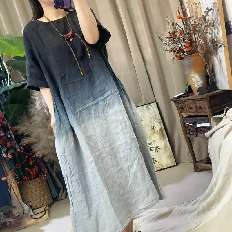 

New Summer Arts Style Women Short Sleeve O-neck Loose A-line Dress Vintage Tie Dye Cotton Linen Long Dresses Good Quality T182