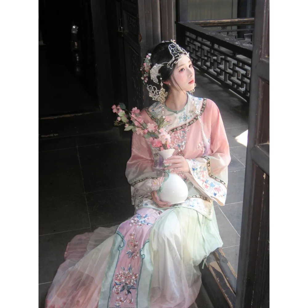 

Новый женский комплект Ханьфу в стиле Цин: платье принцессы с тяжелой вышивкой и круглым воротником, в китайском стиле, осенний наряд для взрослых в старинном стиле