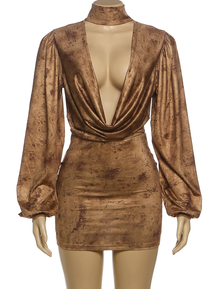 Sukienka Sisterlinda Sexy Swing Collar Dress Damska z rękawami typu latarnia, barwiona metodą tie-dye, zapinana na guziki, z wycięciami, podkreślająca biodra, idealna na ulicę i do klubu, elastyczna, obcisła.