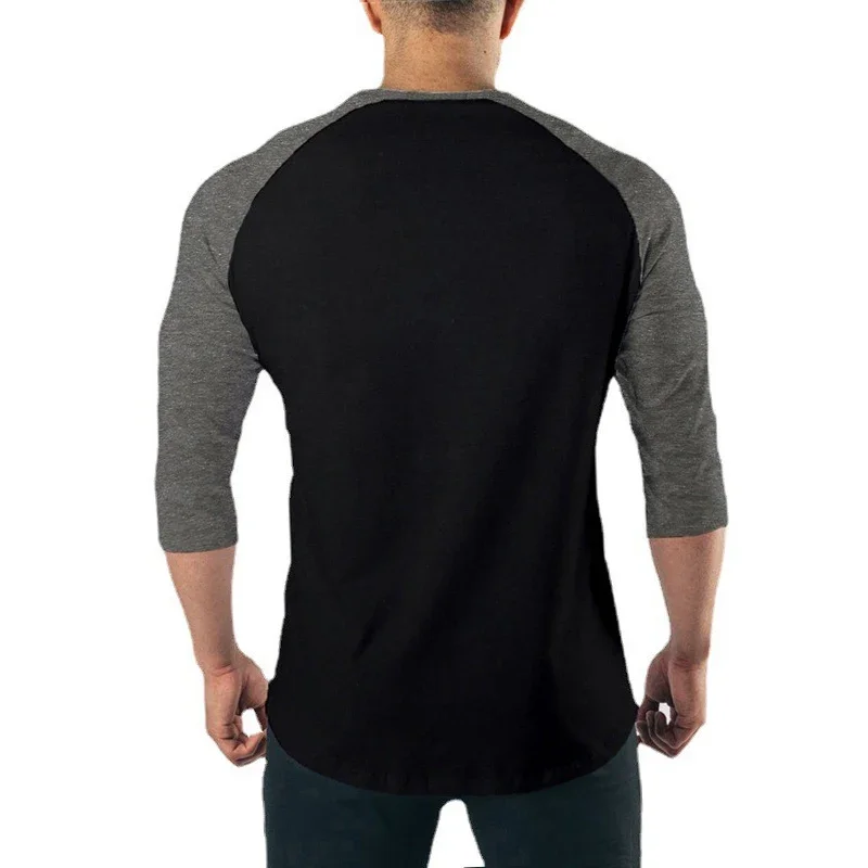 Zwykła koszulka fitness z rękawami trzy czwarte męska odzież treningowa bawełniana oddychająca koszulka Slim Fit siłownia kulturystyka topy umięśnione — zdjęcie 3