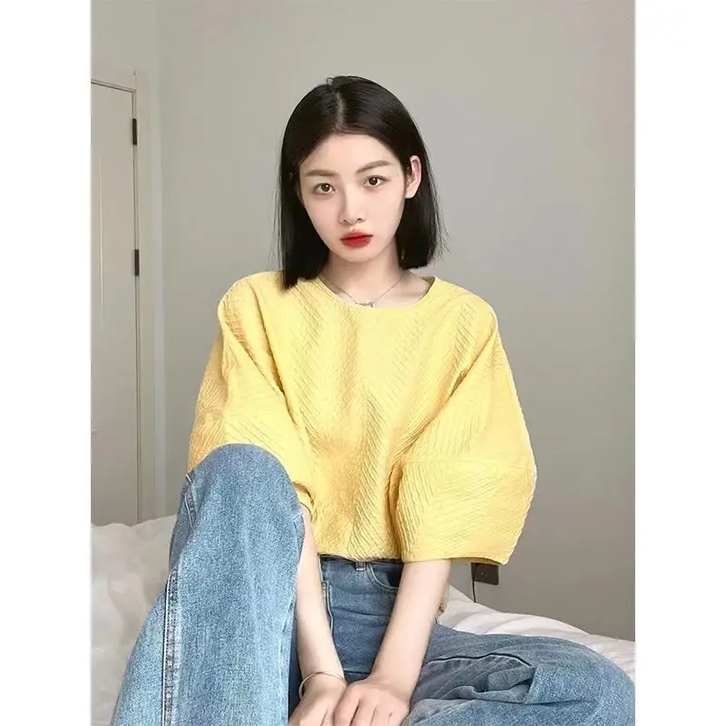 بلوزة صيفية نسائية صفراء فقاعية، مقاس صغير، فضفاضة، نحيفة، عصرية للارتداء اليومي