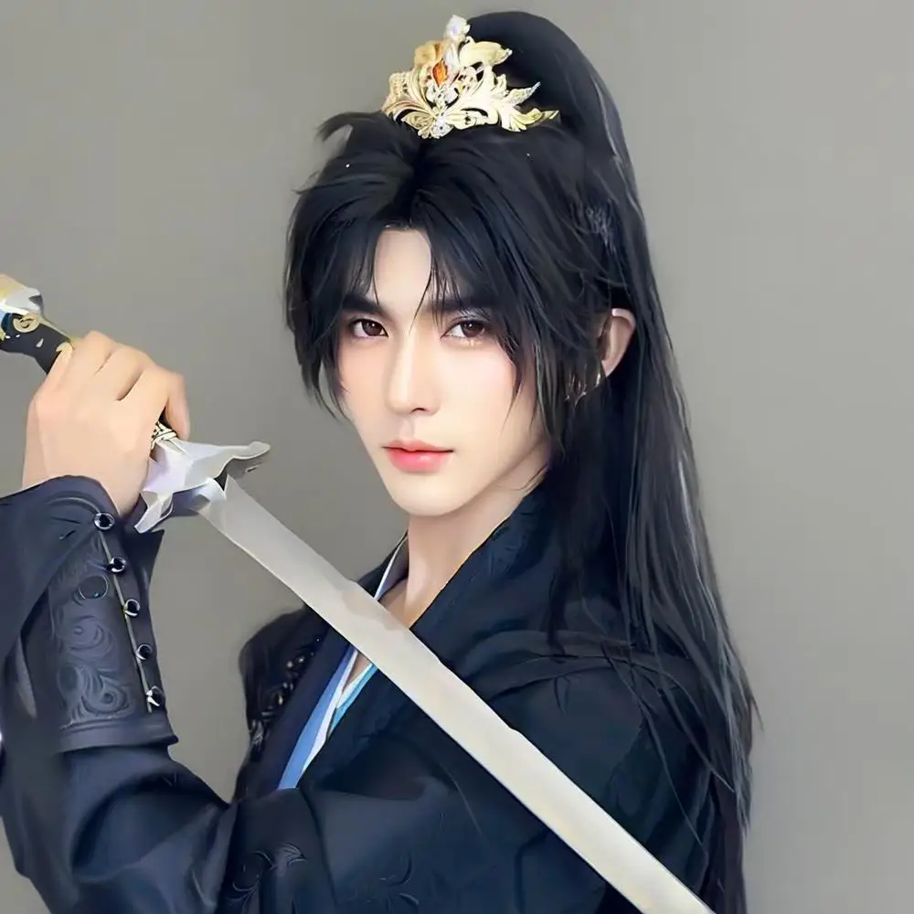 Spelpruik Donker Zwart Power Anime Moran Cosplay Lange rechte hoofddeksels Stijlvol Cool Jeugd Paardenstaart Comic Tentoonstelling COS Accessoire