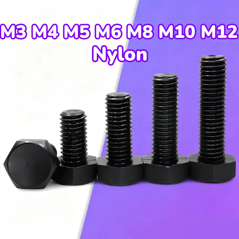 M3 M4 M5 M6 M8 M10 M12 Black Nylon External Hexagonal Screw Plastic Outer Hex Head Insulated Bolt Length: 4-200mm