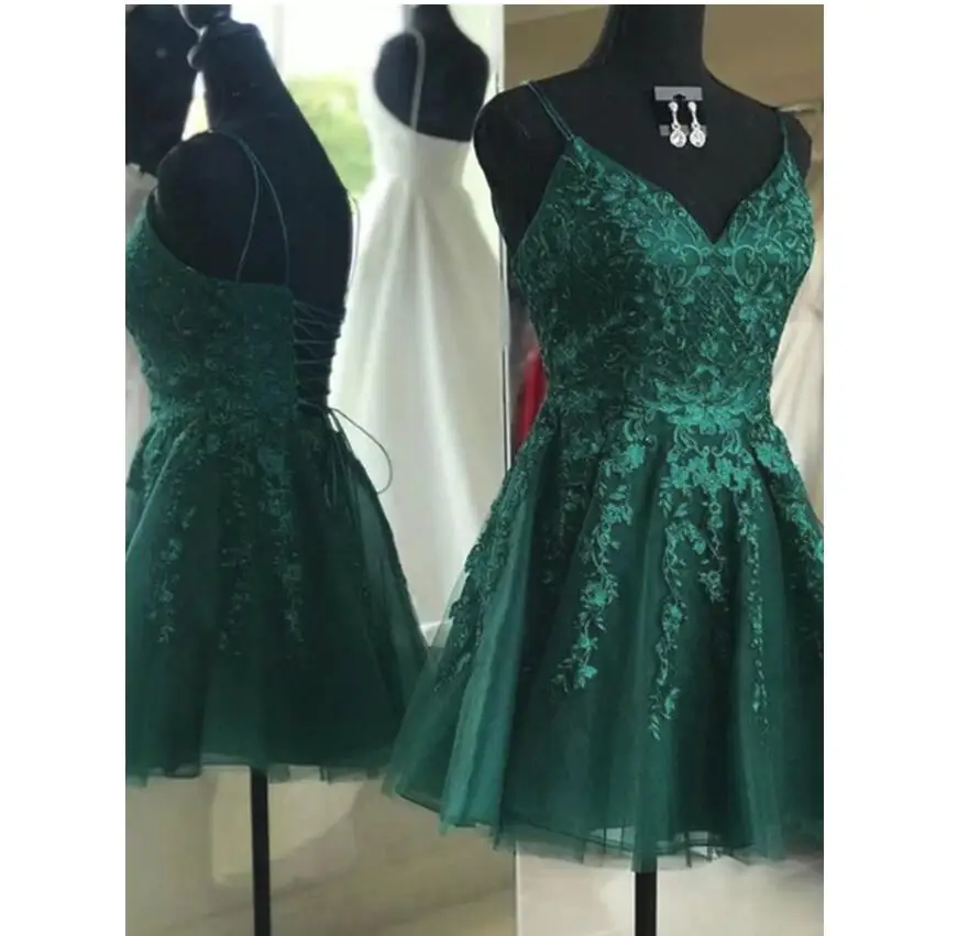 2022 hunter verde mini comprimento vestidos de baile renda criss cruz volta curto vestido festa 2023 meninas formatura roupas mini