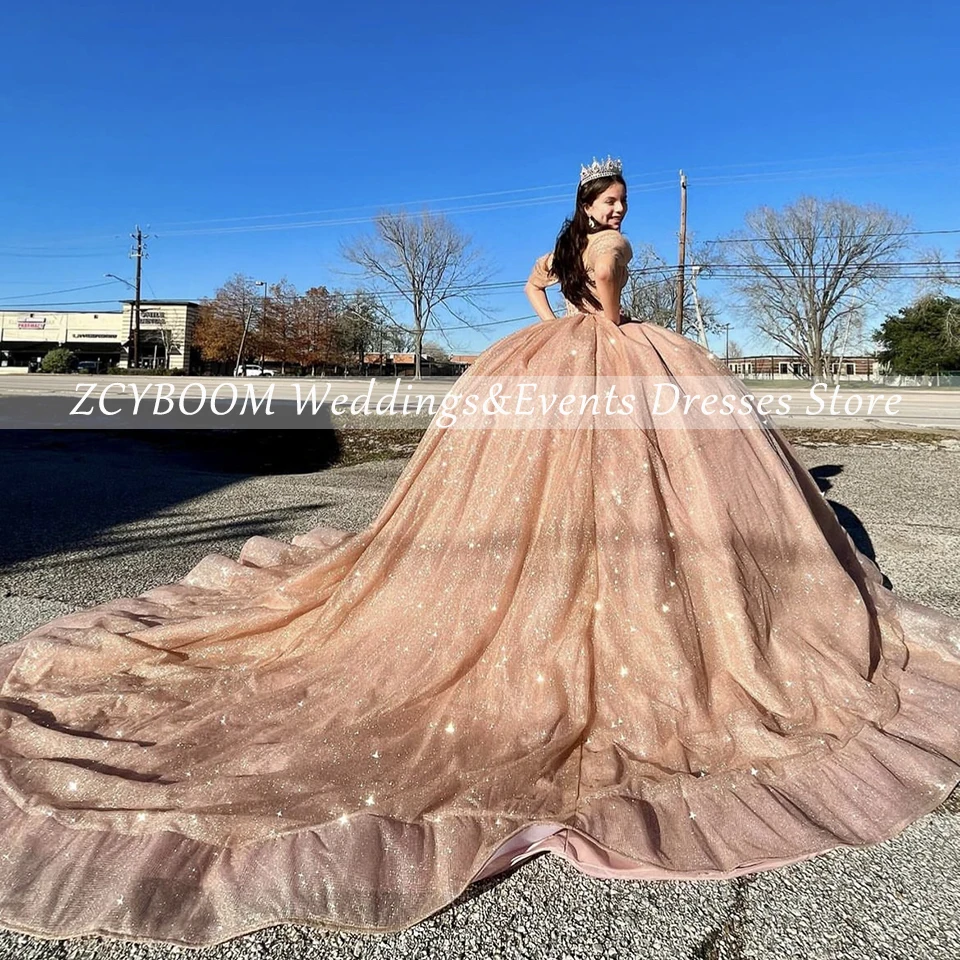 Quinceanera Sweetheart Open Back Sequin Shiny Off The Shoulder Evening Dress 2025 Ball Gown Floor Length Sweep Train Prom Dress