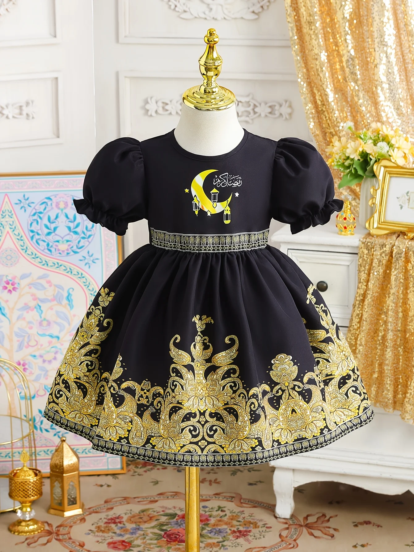

Ramadan Baby Girl Elegant Dress: Black & Gold Pattern+Puff Sleeve+Moon Lantern Print | Ramadan Gift / Baby Girl Birthday Gift