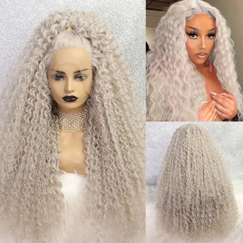 Fashion Light Grey Blonde Lace Front Wigs Glueless Kinky Curly Synthetic Wigs view 3