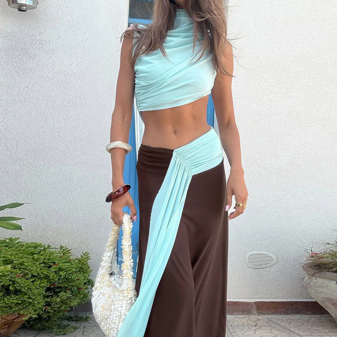 Sexy retalhos saias conjuntos de duas peças para mulheres moda sem mangas regatas e saias longas feminino conjuntos de vestido casual 2026