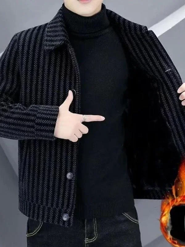 

Men's Fce Lined Woolen Jaet Autumn Winter New Sle Casual Lapel Coat Thiened Stripe Design Warm Stand Fit Busin...