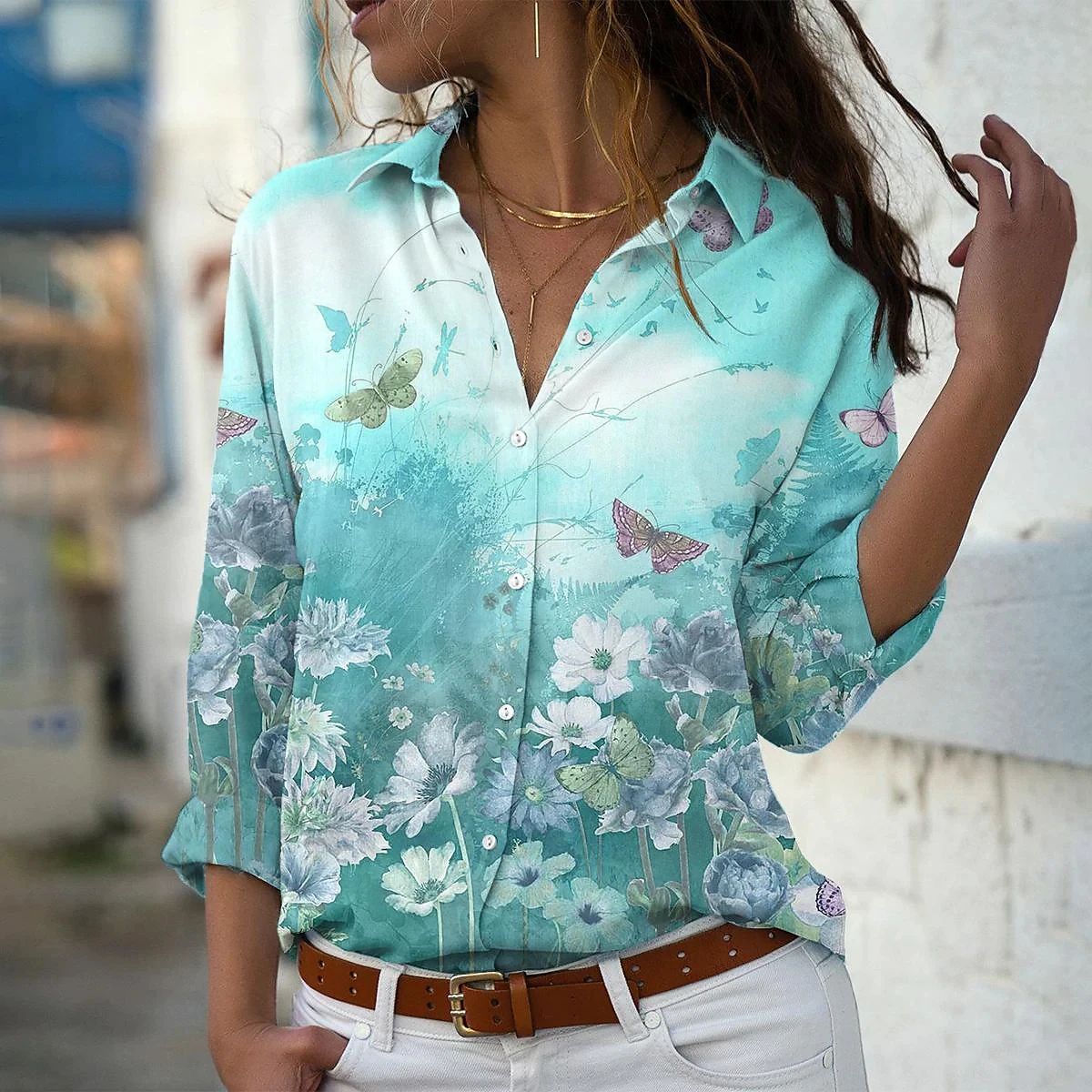 Women Shirt Daily Weekend Blouse Long Sleeve Button Print Shirt Collar Casual Streetwear Tops Print
