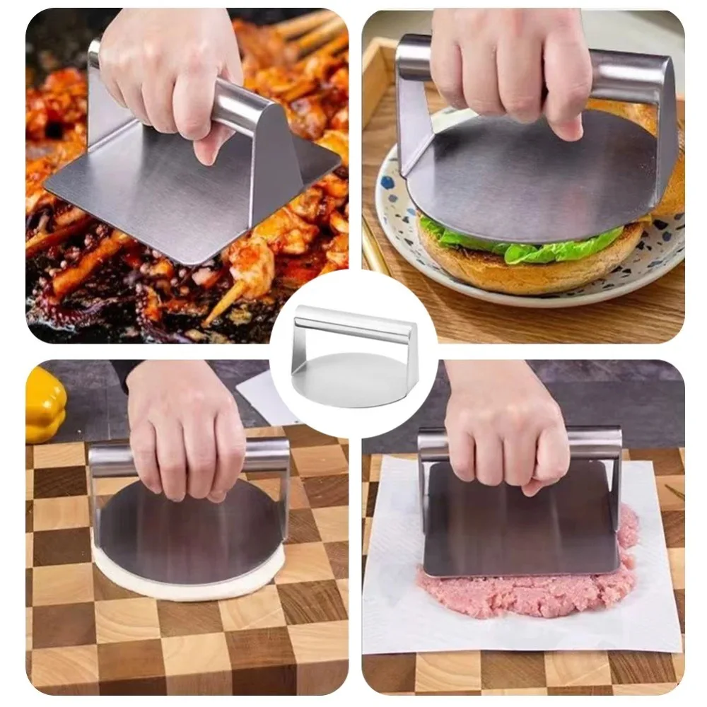 مكبس شواء من الفولاذ المقاوم للصدأ، مكبس برجر بدون صدأ، مكبس شواء دائري من الفولاذ المقاوم للصدأ، استخدام صينية برجر سماشر #5