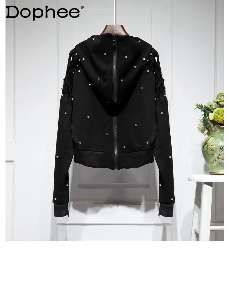 

Fashion Trend American High Street Heavy Rhinestone Hooded Jacket Autumn New Zipper Loose Casual Top for Women