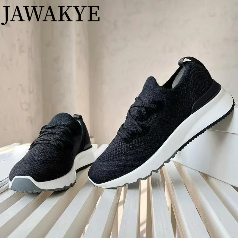 JAWAKYE 2024 Spring Men Sneakers Knitting Casual Flat Men\'s shoes Thick Bottom Ridged Sole Trainers Lace up Driving Shoes Men