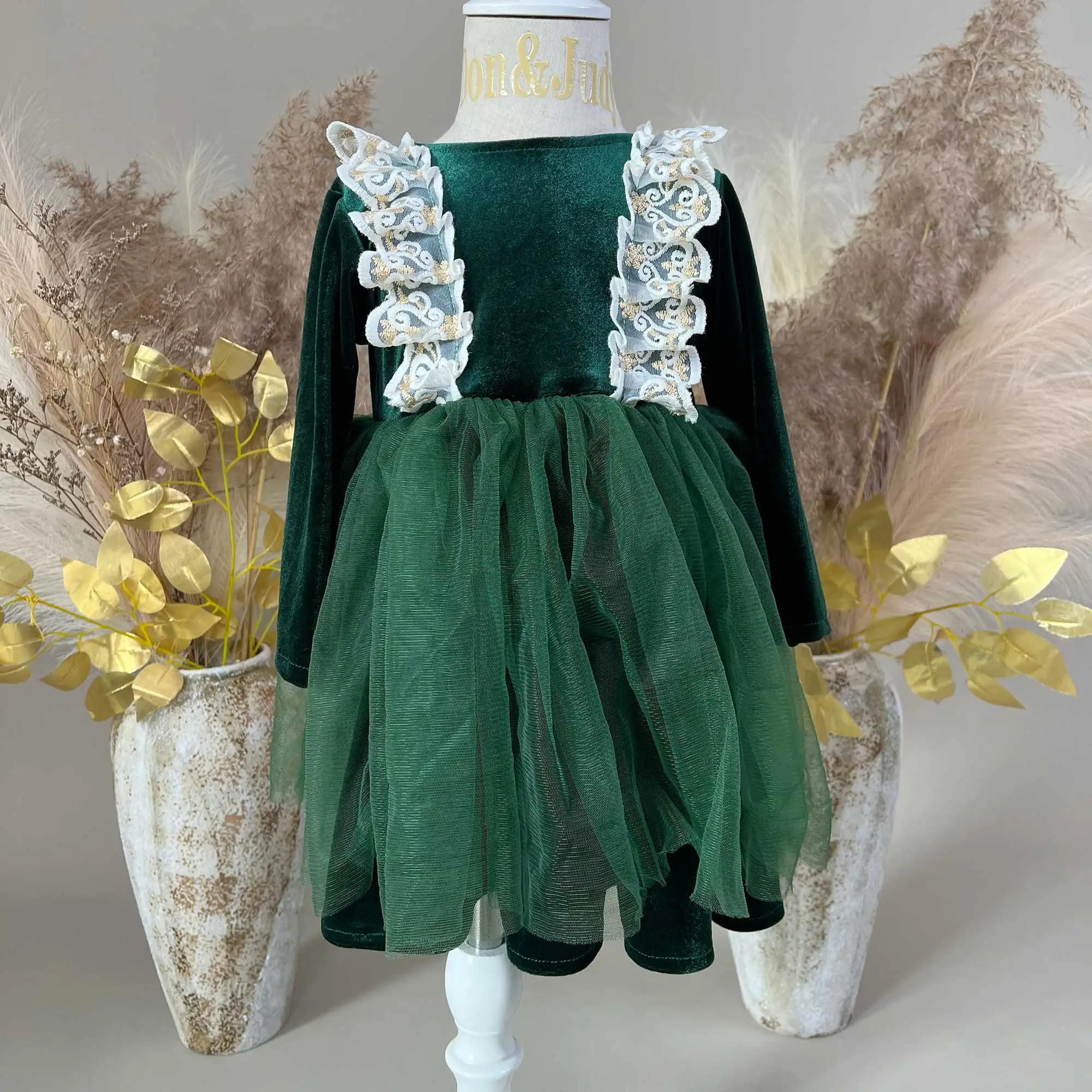 Don&Judy Velvet Long-Sleeved Dress With Lace Trim On Chest And Tulle Hem Decoration New Christmas Children Clothes Photo Prop