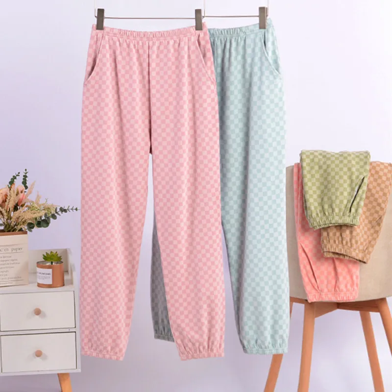 

Pantalones De Mujer Women's Spring Autumn Thin Velvet Pyjamas Trousers Loose Sports Home Pants Fashion Plaid Pajama Pant