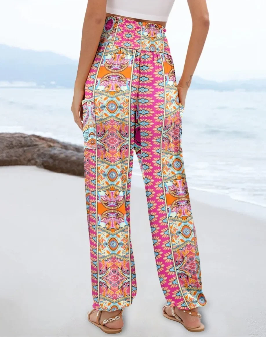 Damen Boho Bedruckte Haremshose mit Hoher Taille, Elastischem Bund, Seitentaschen, Lockere Hose für Strandurlaub und Freizeit – Detail 13