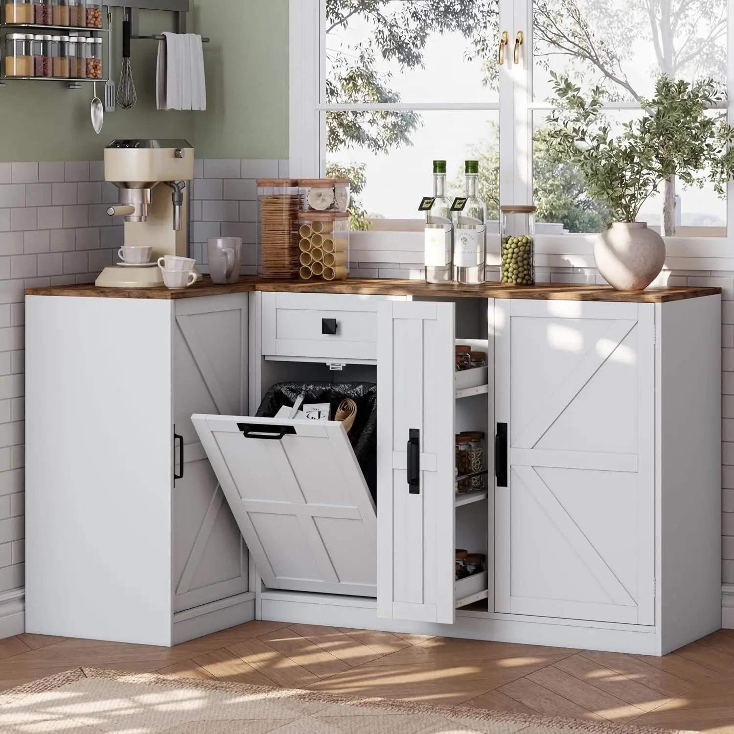 L-Shaped Kitchen Corner Cabinet With Countertop, Hidden Trash Storage, Spice Rack & Adjustable Shelf, Customized