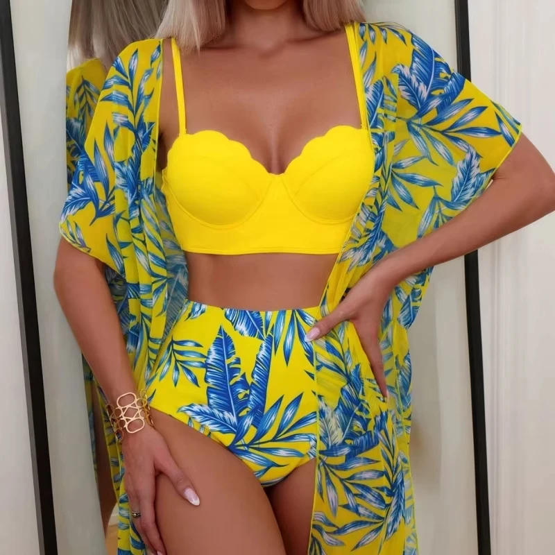 Elegant Printing 3 Piece Bikini Set Women Swimsuit Vintage High Waist Bikini Mesh Cover Up 2026 New Bathing Suit Biquini Female