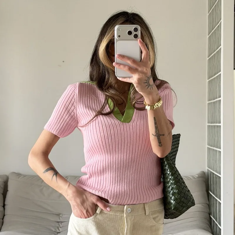 

Tuularose Summer Knitted T-Shirt Women's Fashion Contrast Lapel Ribbed Patchwork Casual Knitted Top New Streetwear Women's Tops